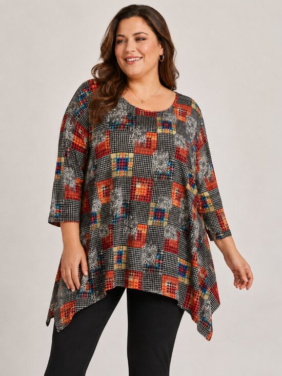 no brand Tops - Mixed Print Houndstooth Patchwork Asymmetrical Tunic Blouse 3/4 Sleeve